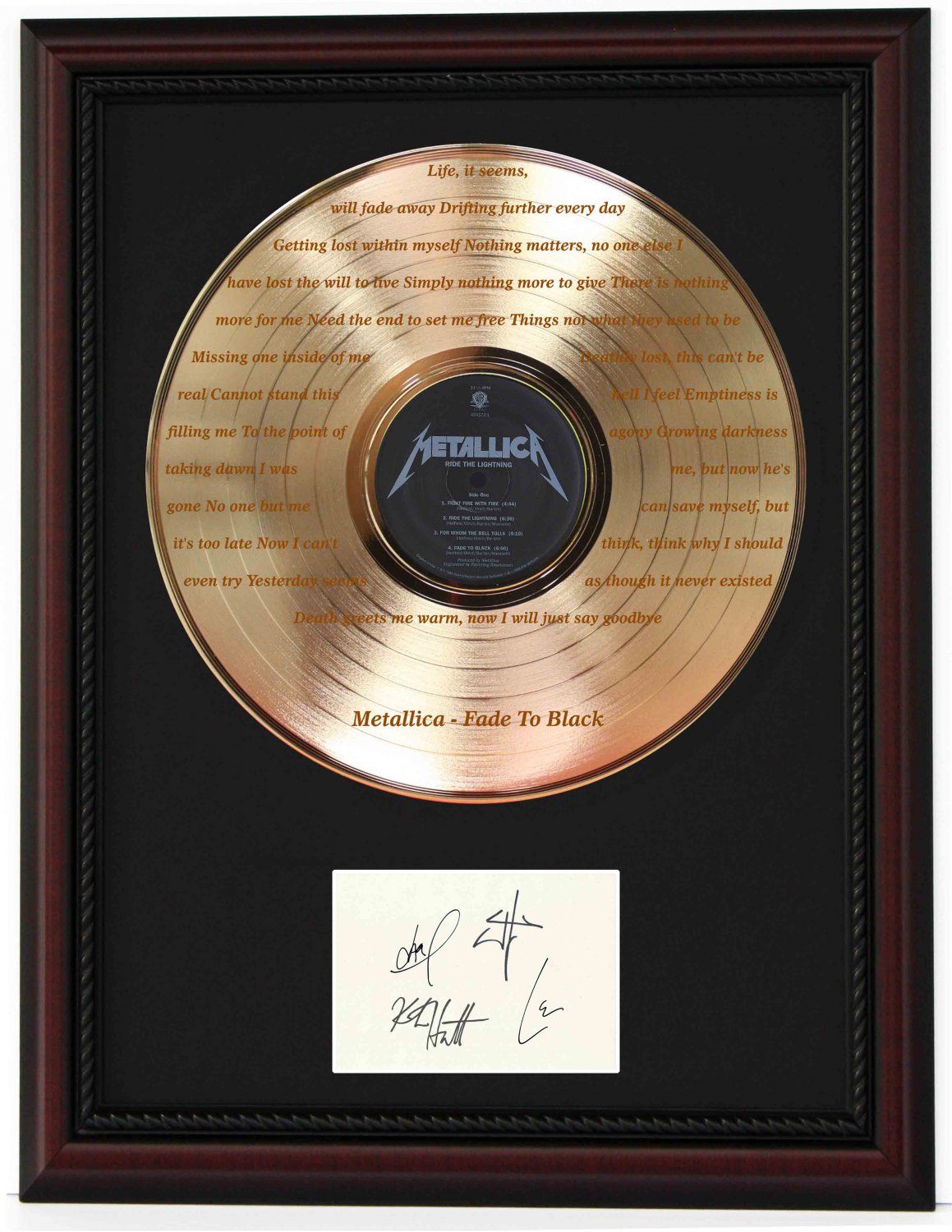 METALLICA "Fade to Black" Cherry Wood Gold LP Record Framed Etched Signature Display