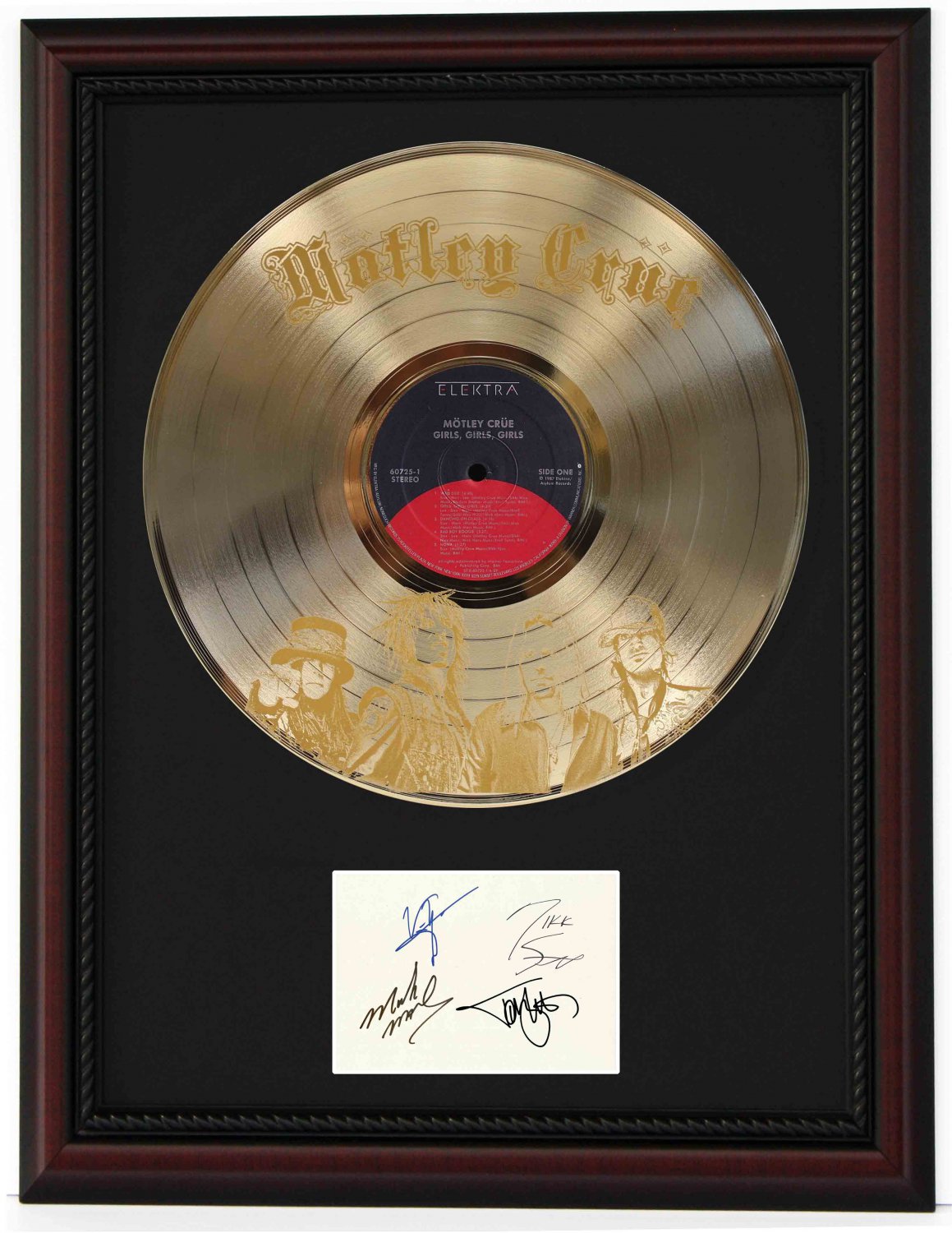 MOTLEY CRUE "Girls, Girls, Girls" Cherry Wood Gold LP Record Framed Etched Signature Display
