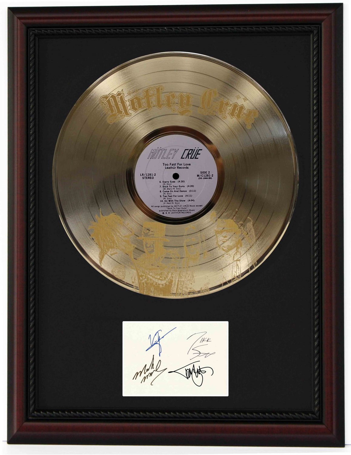 MOTLEY CRUE "Too Fast for Love" Cherry Wood Gold LP Record Framed Etched Signature Display