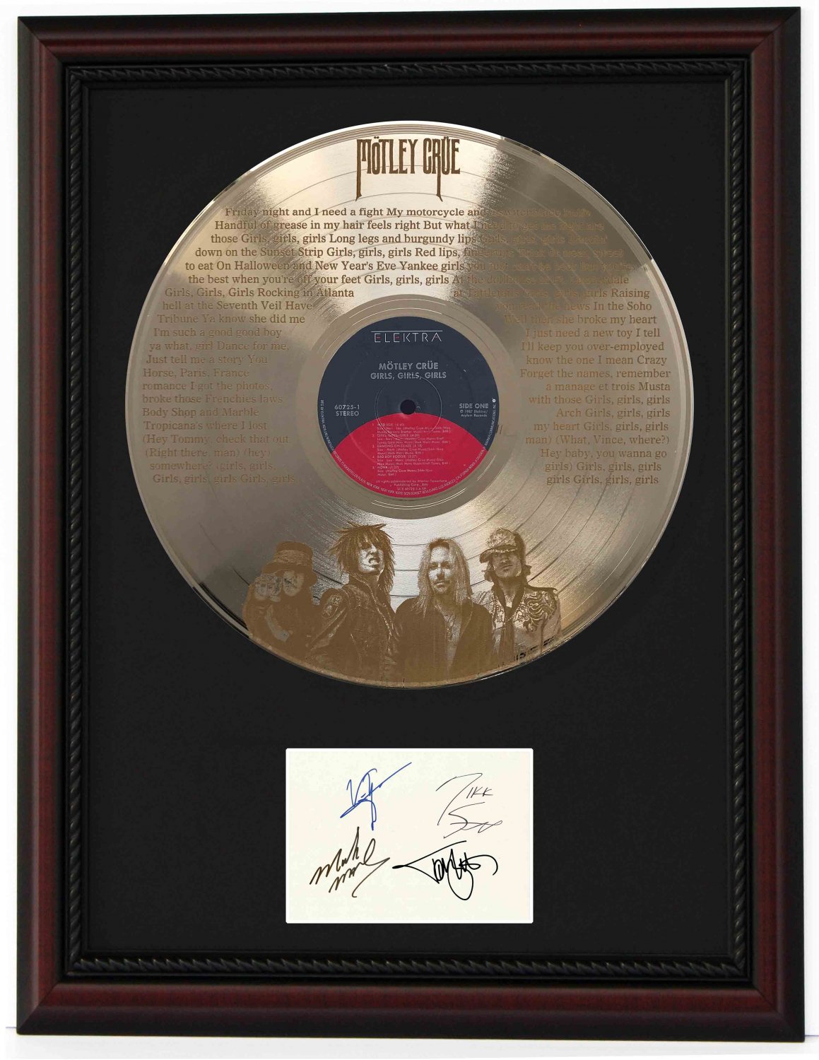 MOTLEY CRUE "Girls, Girls, Girls 2" Cherry Wood Gold LP Record Framed Etched Signature Display