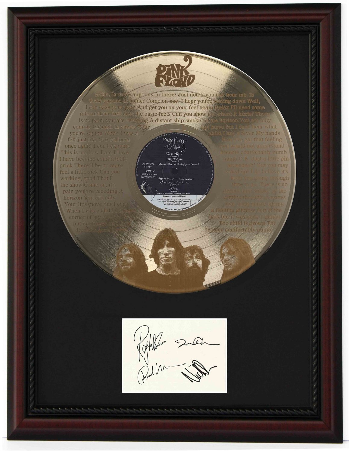 PINK FLOYD "Comfortably Numb" Cherry Wood Gold LP Record Framed Etched Signature Display