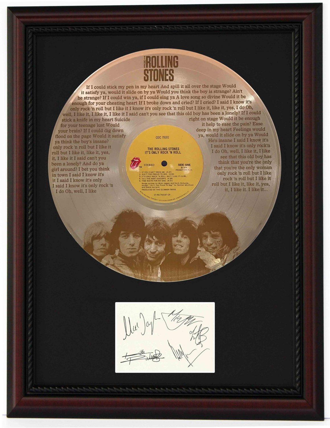 ROLLING STONES "It's Only Rock 'n Roll" Cherry Wood Gold LP Record Framed Etched Signature Display