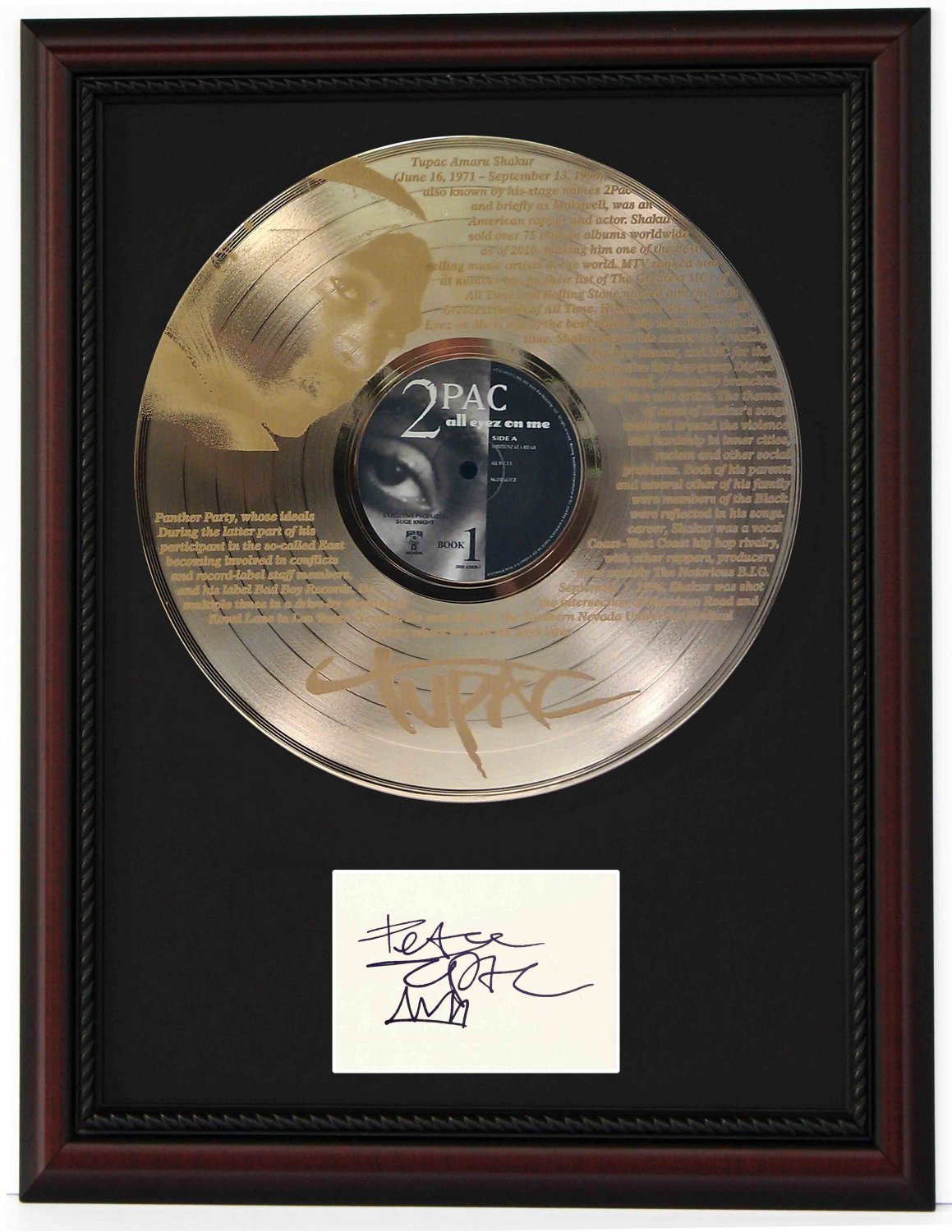 TUPAC "biography, all eyez on me" Cherry Wood Gold LP Record Framed Etched Signature Display