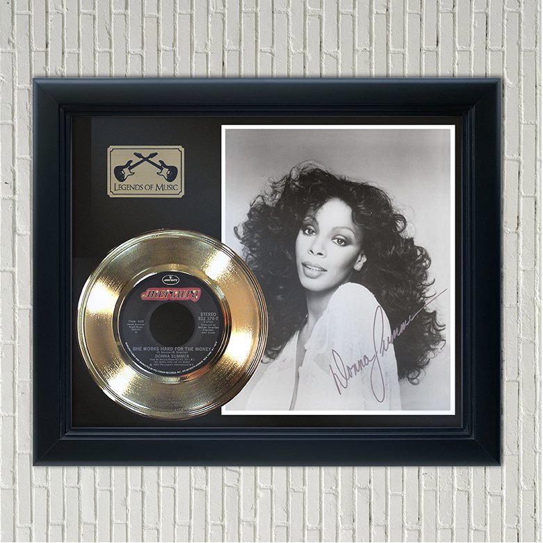 DONNA SUMMER â��She Works Hard for the Moneyâ�� Framed Reproduction Signed Record Display