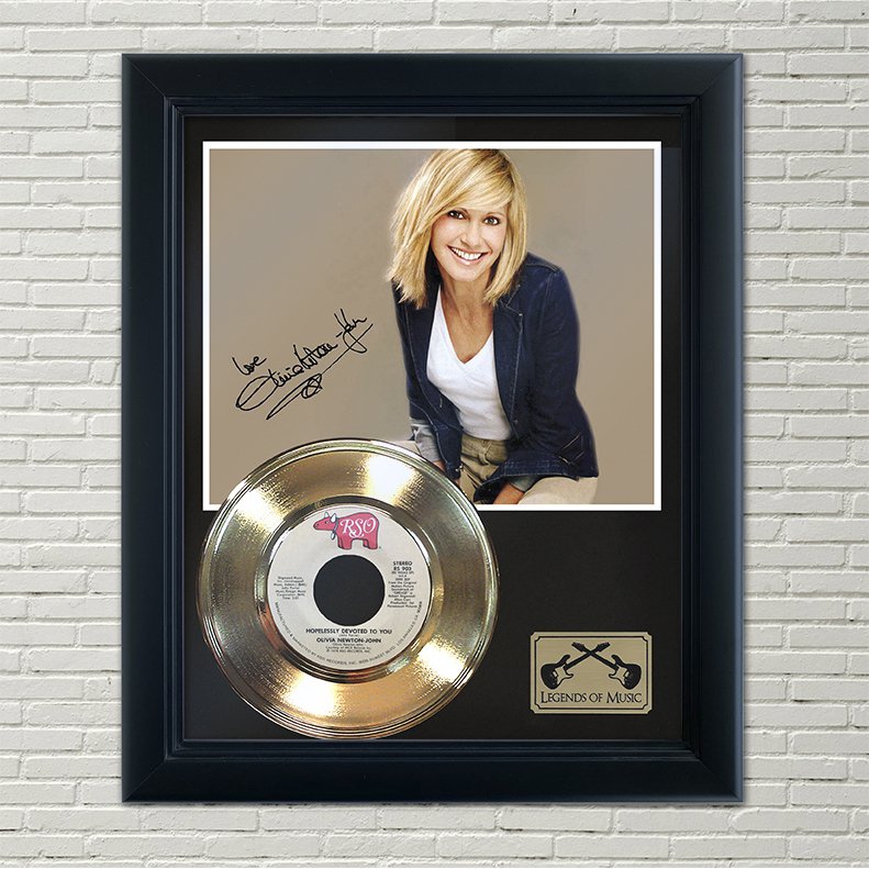 OLIVIA NEWTON-JOHN â��Hopelessly Devoted To You" Framed Reproduction Signed Record Display