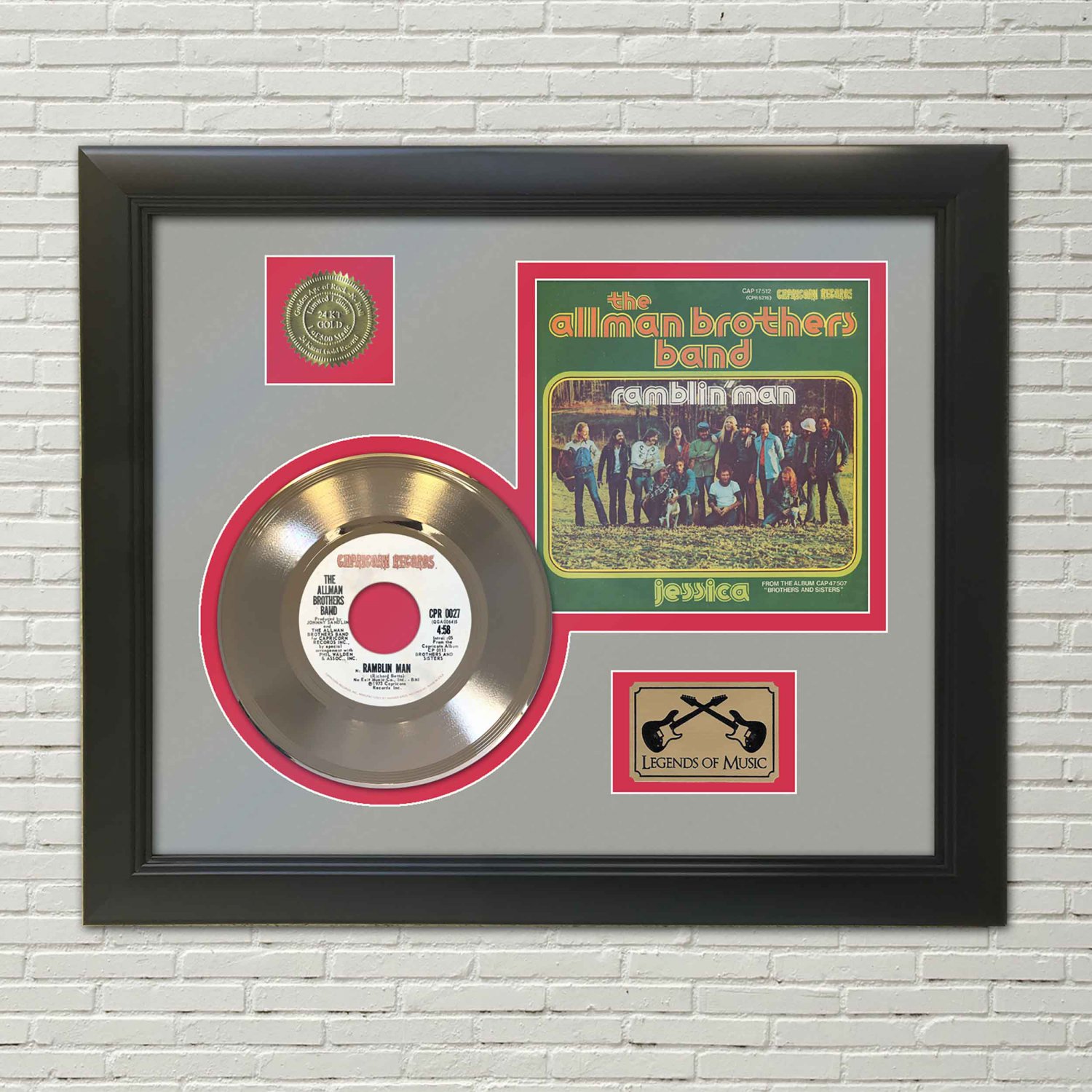 ALLMAN BROTHERS BAND "Ramblinâ�� Man" Framed Picture Sleeve Gold 45 Record Display