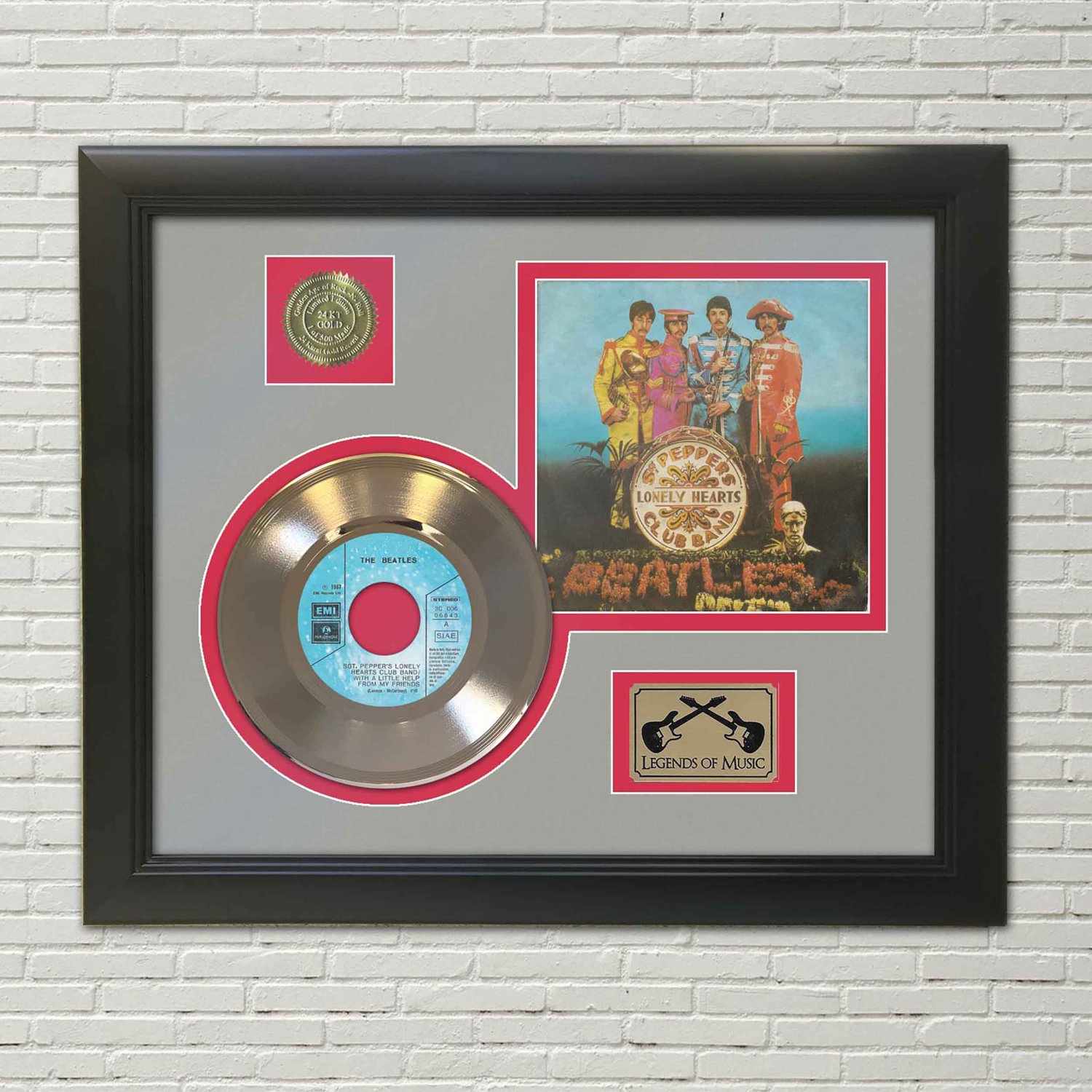 THE BEATLES "Sgt. Pepper's" Framed Picture Sleeve Gold 45 Record Display