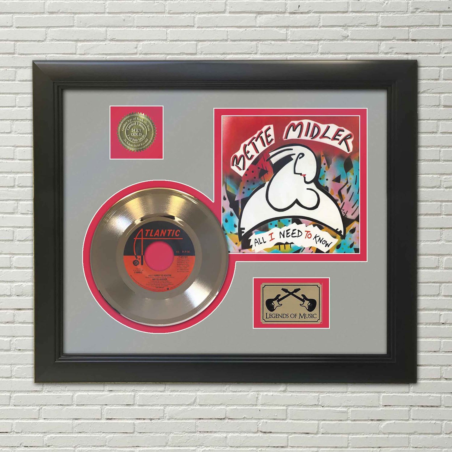 BETTE MIDLER "All I Need to Know" Framed Picture Sleeve Gold 45 Record Display