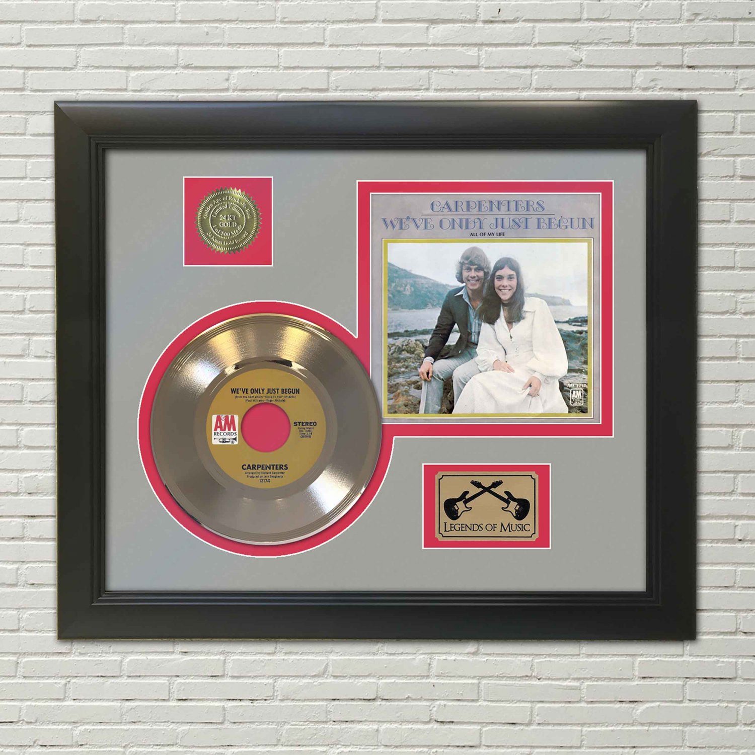CARPENTERS "We've Only Just Begun" Framed Picture Sleeve Gold 45 Record Display