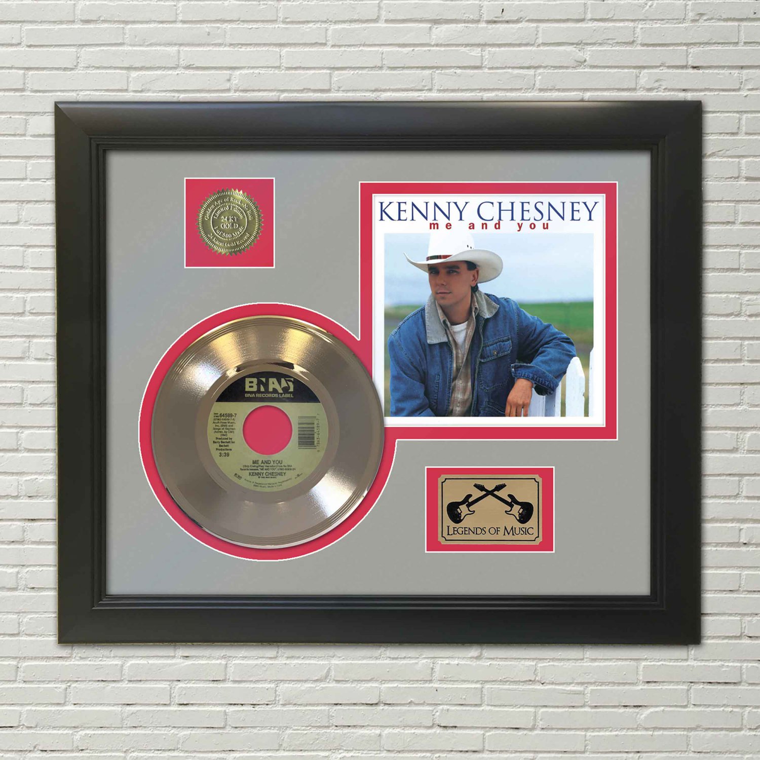KENNY CHASNEY "Me and You" Framed Picture Sleeve Gold 45 Record Display