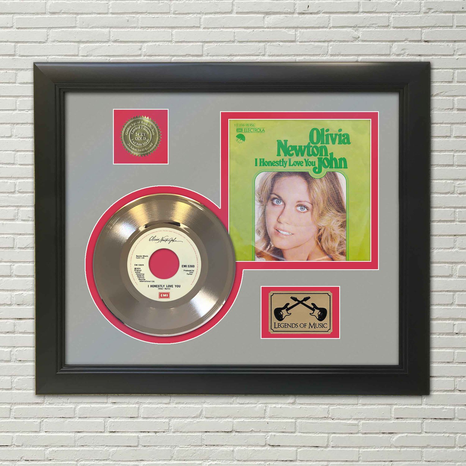 OLIVIA NEWTON JOHN "I Honestly Love You" Framed Picture Sleeve Gold 45 Record Display