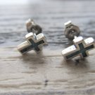 New Sterling Silver & Genuine Turquoise Inlay Cross / Crucifix Stud / Post Earrings, Unisex, 5/16"