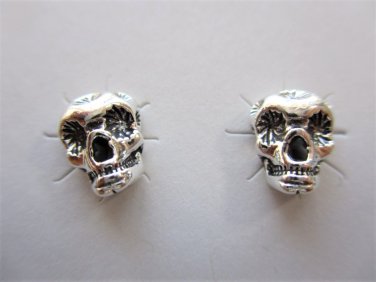 New Sterling Silver Sugar Skull Skeleton Stud / Post Earrings, Unisex, 3/8"