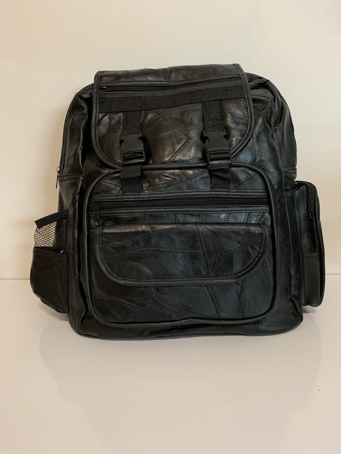 Patch Leather Backpack , color black