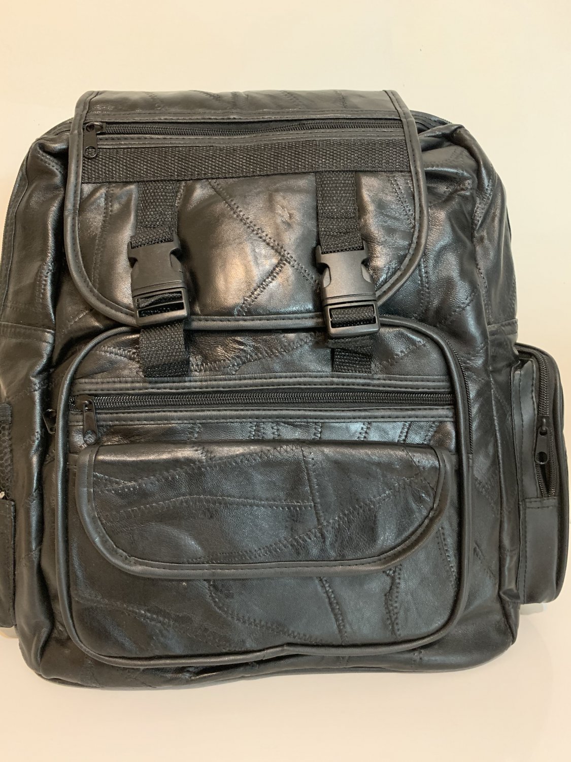 Patch Leather Backpack , color black