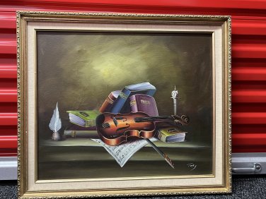 This is an original NICE OLD OIL ON CANVAS PAINTING "NATURMORT WIT VIOLIN" SIGNED BY TOBY 28" X 24"