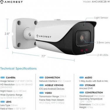Amcrest 4K Analog Security Camera, Bullet 4K (8MP)  98ft Night Vision, 125&Acirc;&deg; Angle, Mic, White