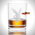 Playboy Shot Glass - Handmade Etched Rock Glass Shot Glass with Embedded Bullet