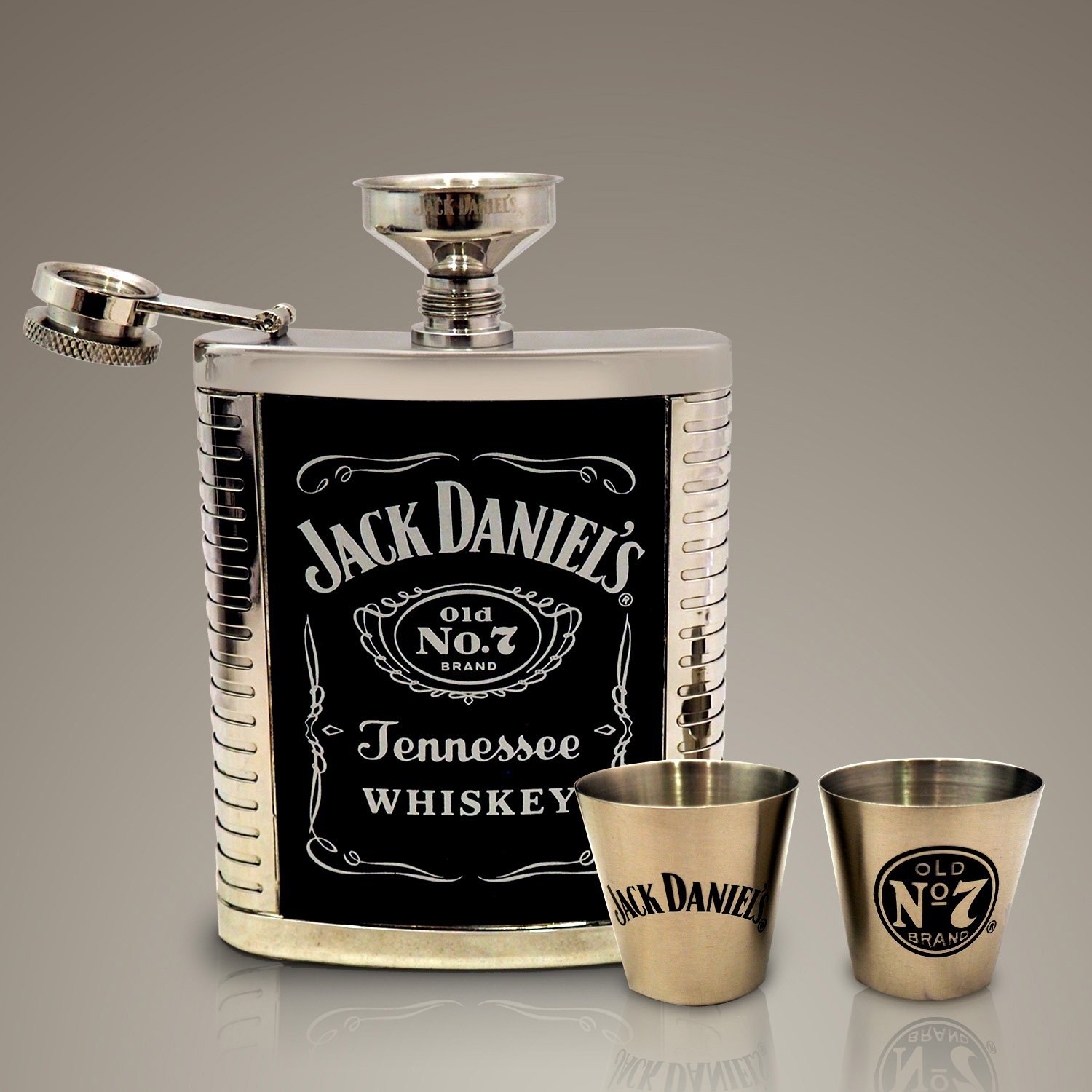 Jack Daniels Original Flask & 2 Stainless Steel Shot Glasses