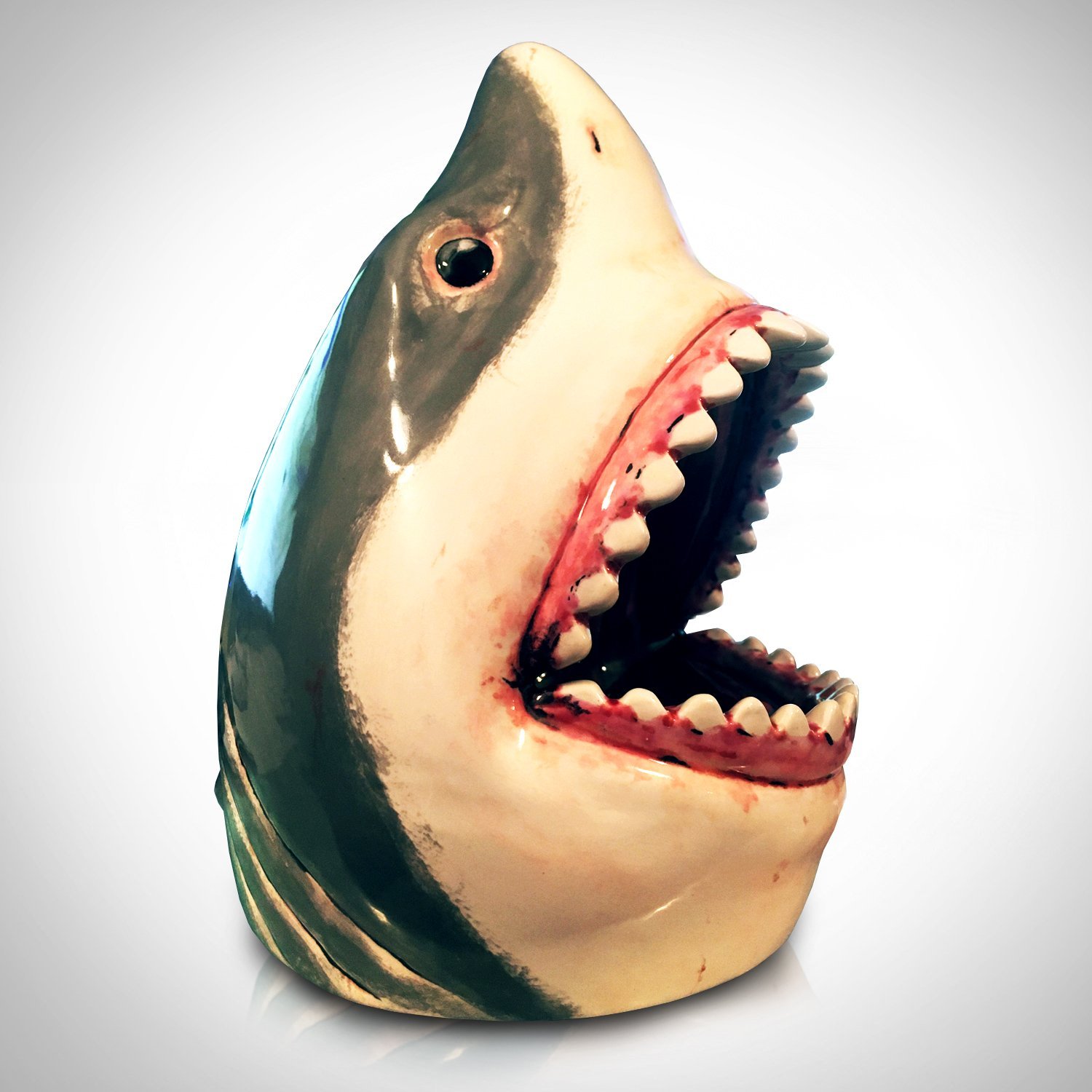 Jaws- Hand-Painted Glazed Great White Shark Ceramic Statue Signed by Canadian Artist Mr Bond