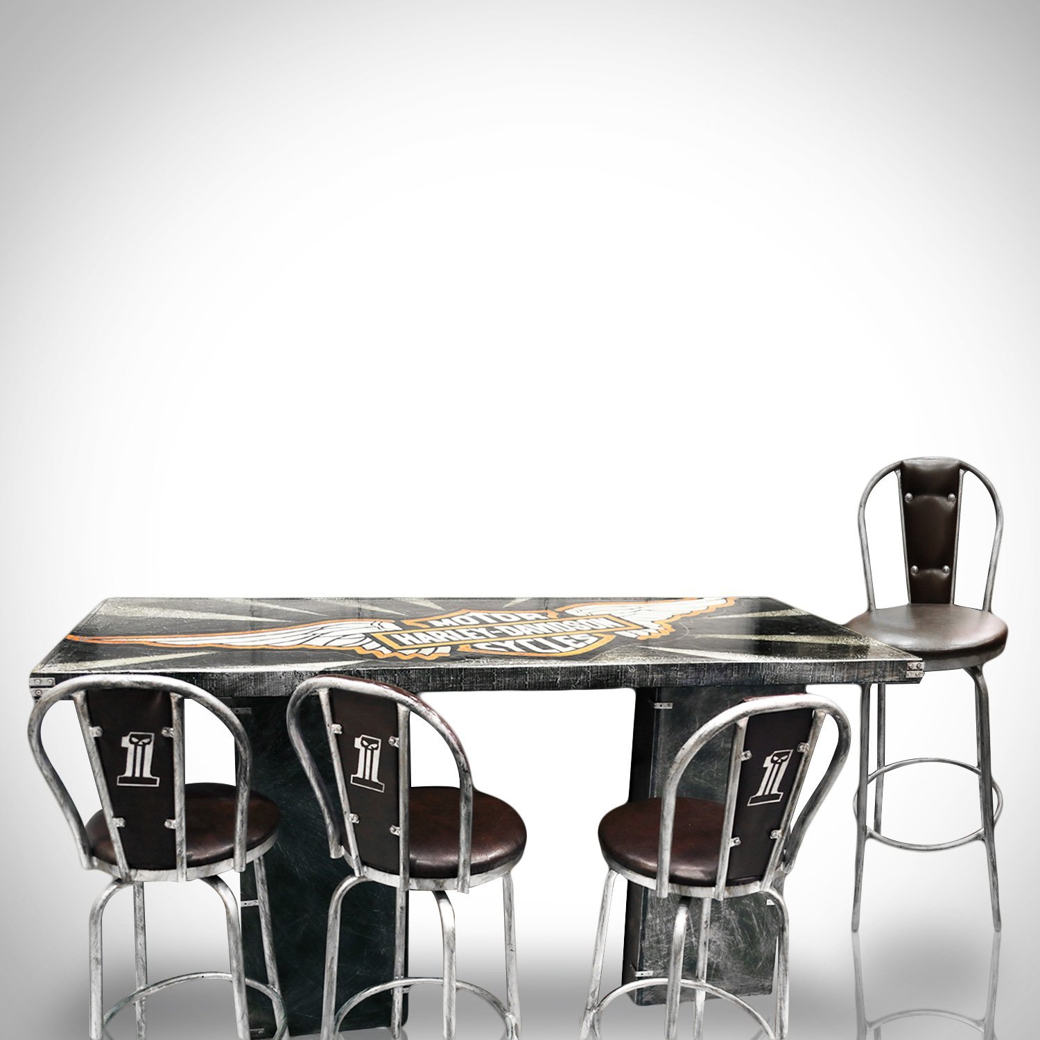 Harley-Davidson Original Custom Table & 4 Metal Stools Hand-Painted by Artist Grendel
