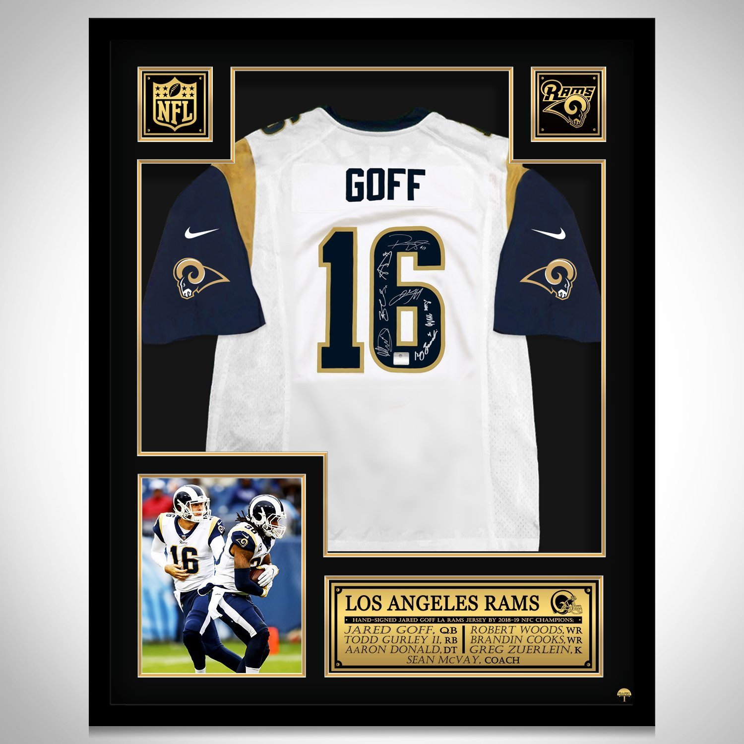 La Rams- Team Hand-Signed #16 Jared Goff White Jersey Custom Frame