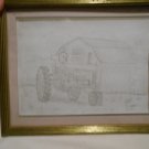 Original Pencil Hand Drawing John Deere A Tractor and Barn in Gold Color Frame Original Pencil Hand Drawing John Deere A Tractor and Barn in Gold Color Frame
