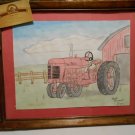 Original Pencil Hand Drawing McCormick Farmall M Tractor Water Color Art in Wood Frame