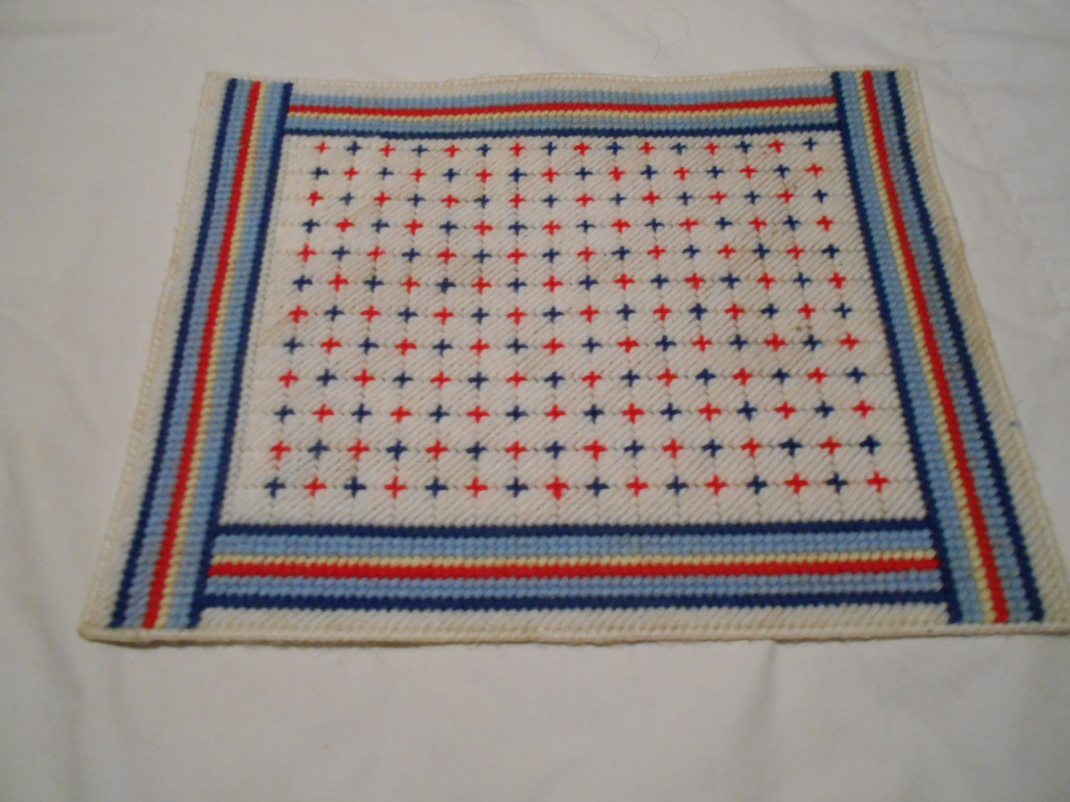Plastic Canvas Hand Crafted Table Mat White, Blue, Red, Yellow (PL)