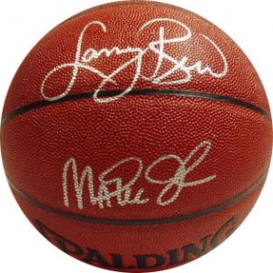 Lary Bird & Magic Johnson Signed Basketball (Mounted Memories)