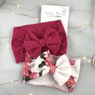 Set of 2 Headwraps with Hand Tied 5" Bow - Raspberry Rose Spring Collection