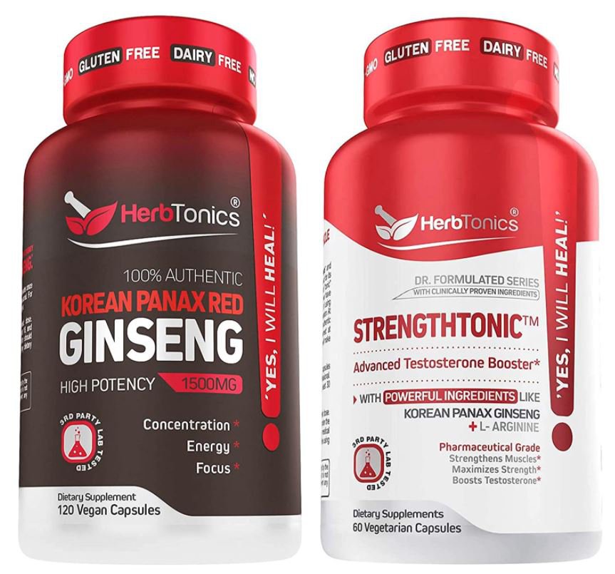 Herbtonics Korean Panax Red Ginseng and Strengthtonic Testosterone Booster for Men Bundle