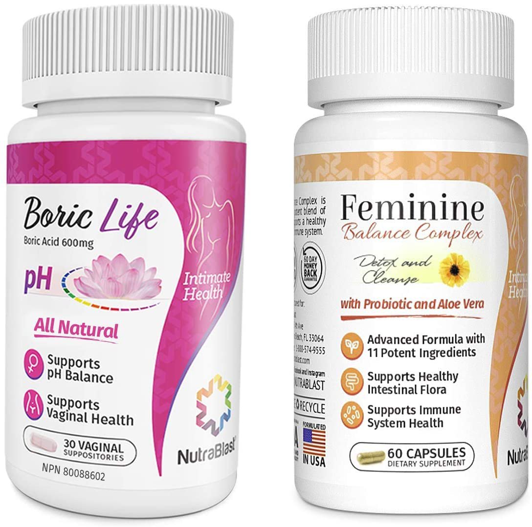 NutraBlast Boric Acid Suppositories 600mg (30 Count) w/ Feminine Balance Complex (60 Capsules)