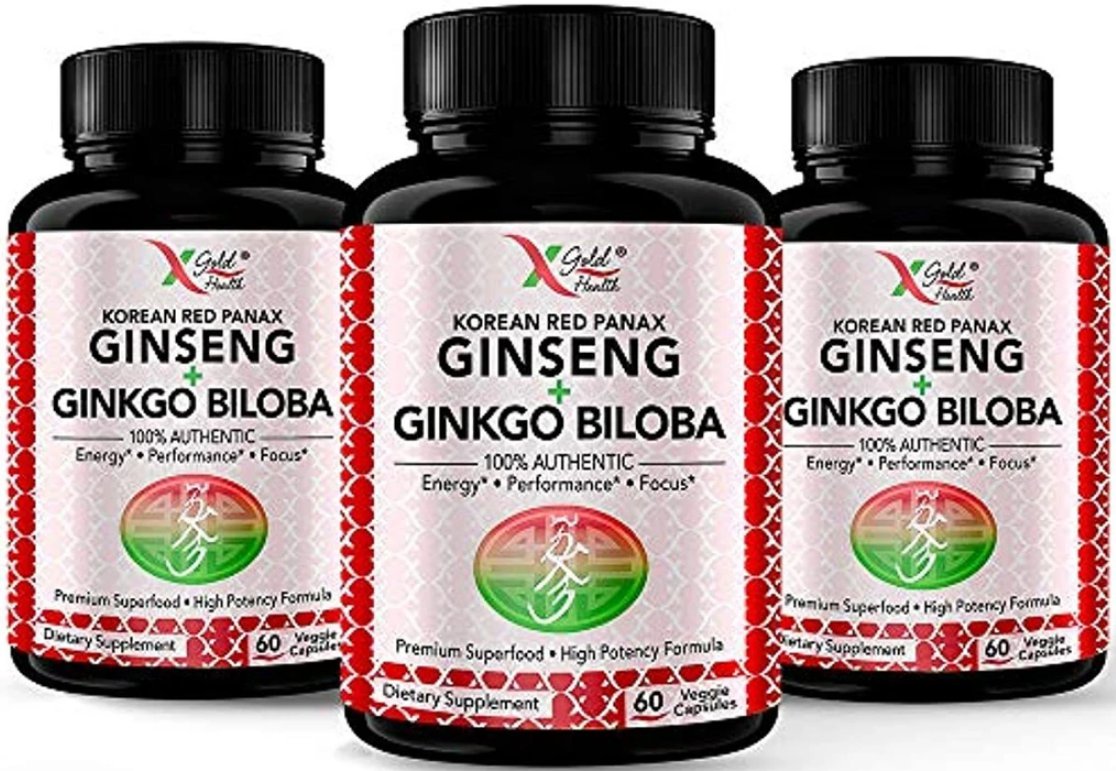 Korean Red Panax Ginseng 1200mg + Ginkgo Biloba (Pack of 3) - Extra Strength Root Extract Powder