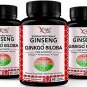 Korean Red Panax Ginseng 1200mg + Ginkgo Biloba (Pack of 3) - Extra Strength Root Extract Powder