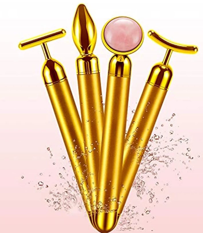 4-in-1 Beauty Bar 24k Golden Pulse Face Massager, Electric Jade Roller Facial Massager