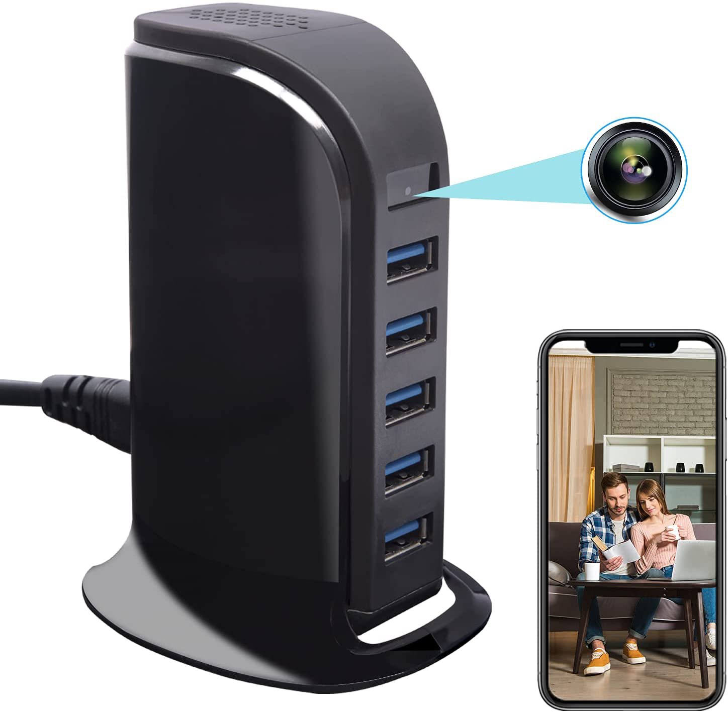Spy Camera USB Charger Camera, 4K Hidden Phone Charger Camera 5-Port USB Hub