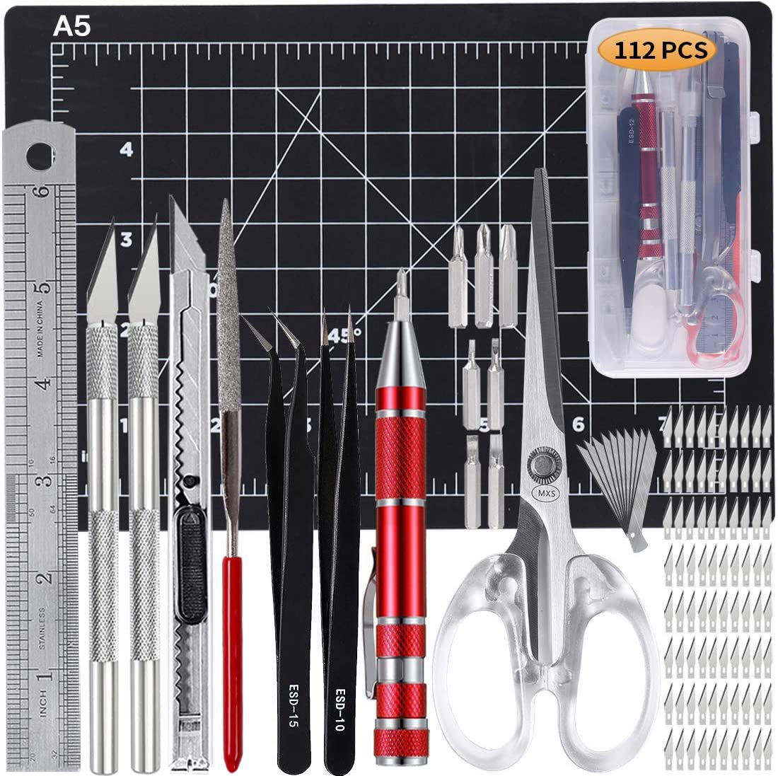 112 Pcs Hobby Knife Craft Knife Set Art Knife kit,Various Carbon Steel Blade+Storage Case