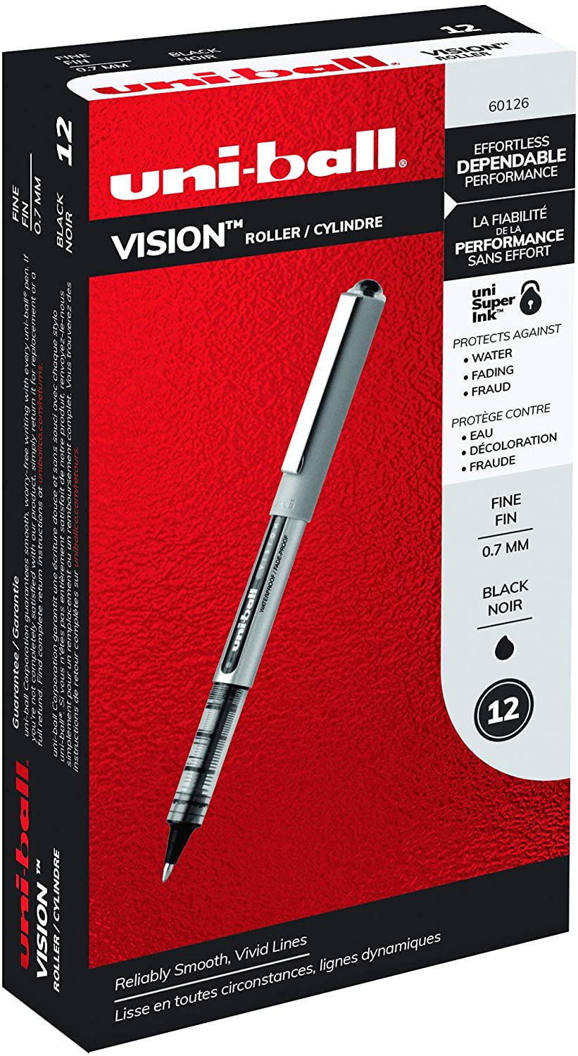 Uni-ball Vision Rollerball Pens, Fine Point (0.7mm), Black, 12 Count