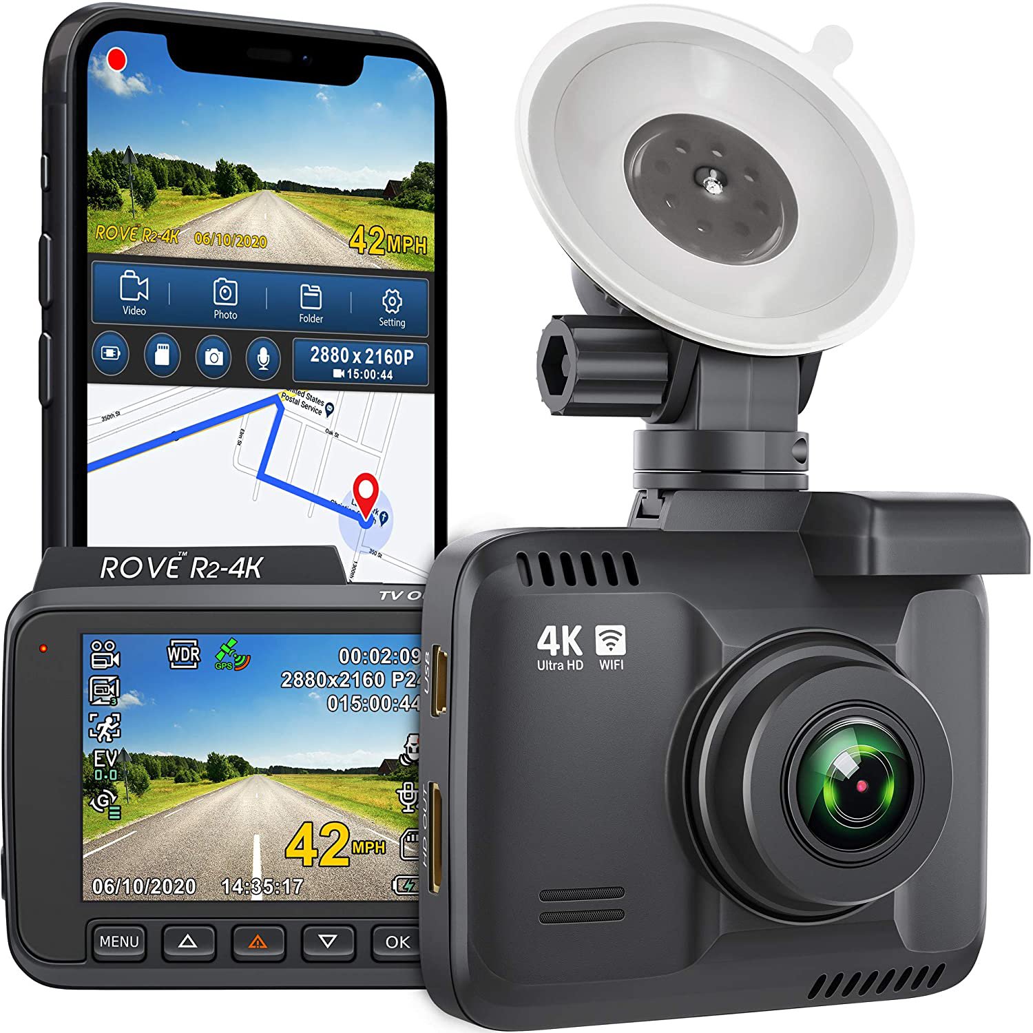 Rove R2-4K Dash Cam Built in WiFi GPS Car Dashboard Camera Recorder with UHD 2160P, 2.4" LCD, 150&Acirc;&deg;