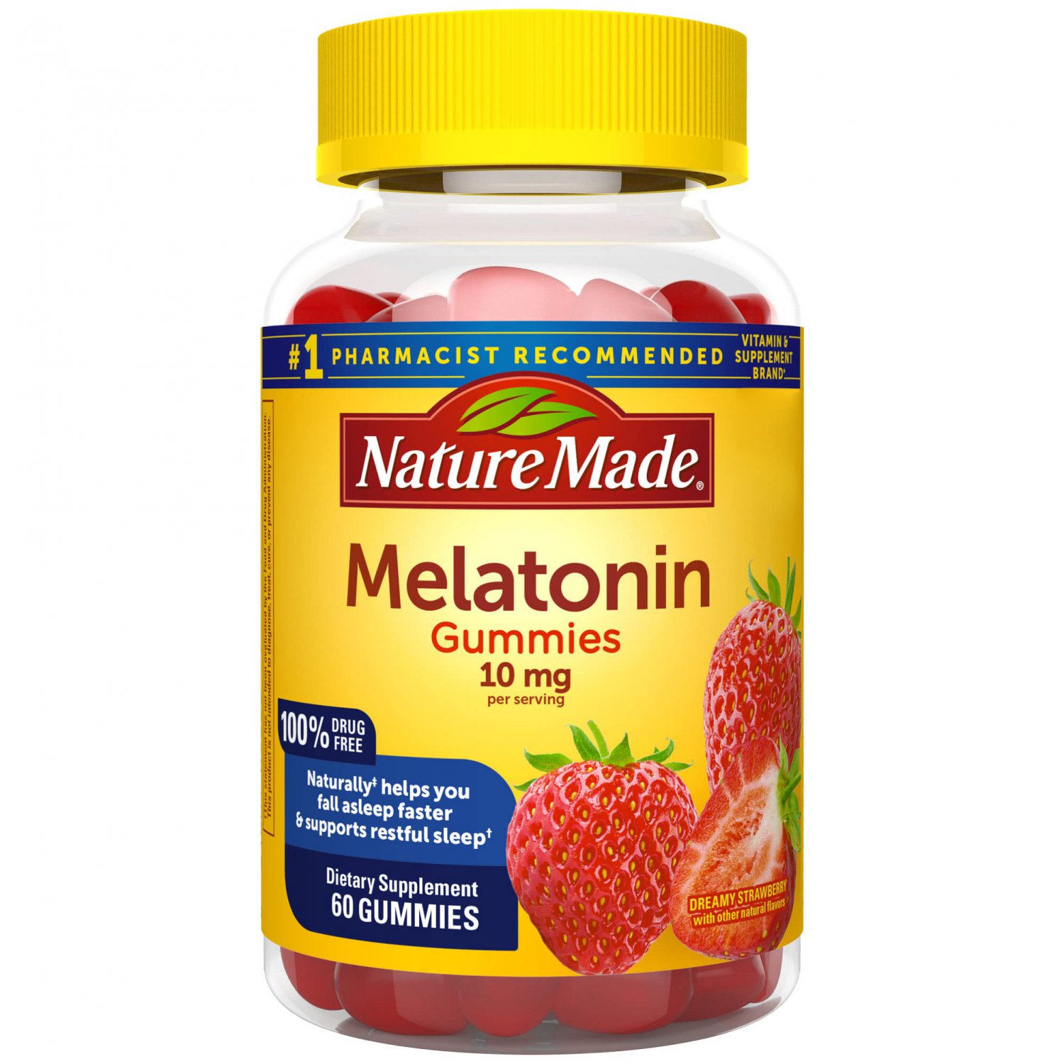 Nature Made Melatonin 10 mg, Restful Sleep Aid Supplement, Strawberry Flavor, 60 Gummies, 30 Day Sup