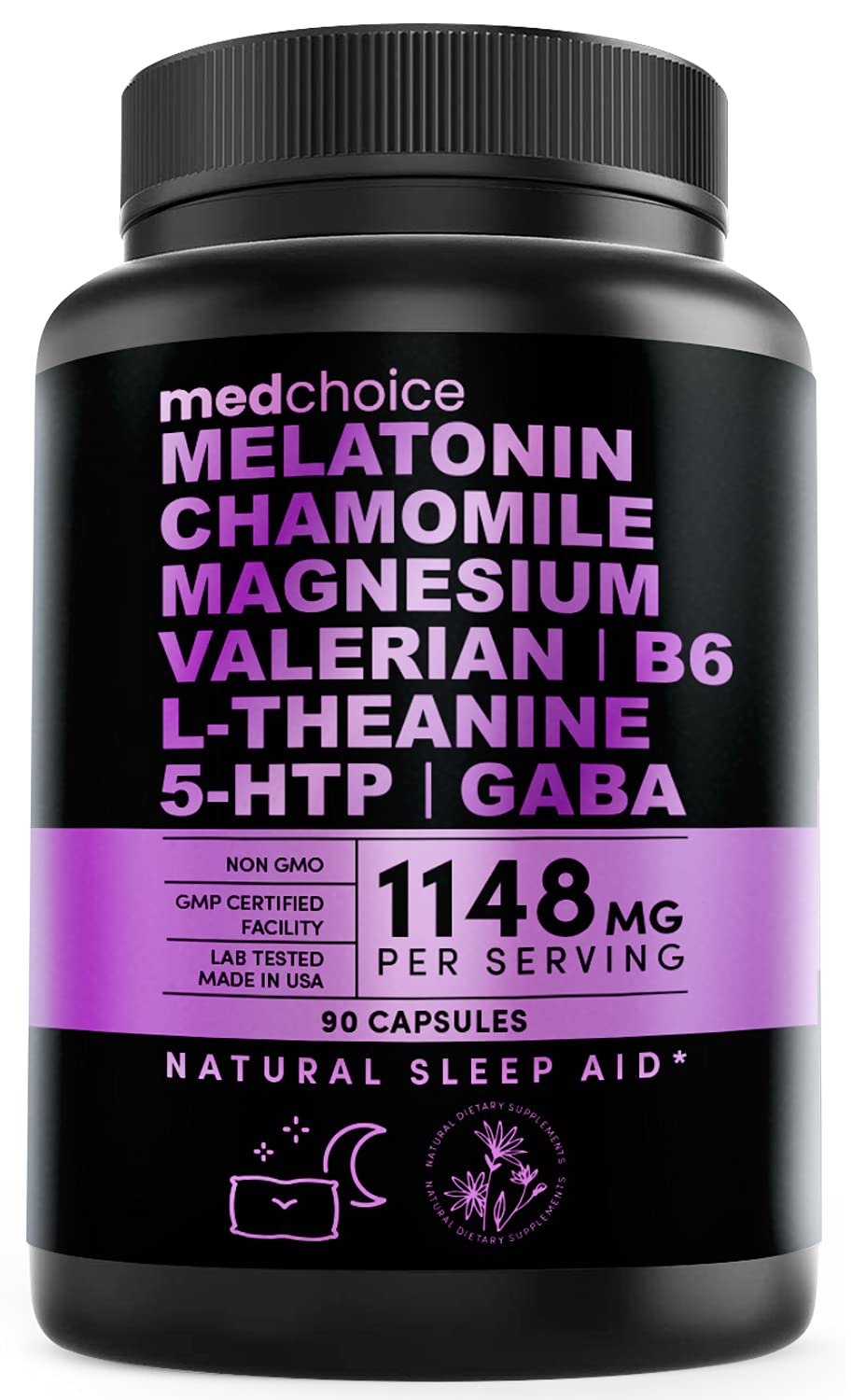 10-in-1 Melatonin 6mg Natural Sleep Aid, Sleep Supplement w L Theanine, 5 HTP, GABA, Valerian Root, 