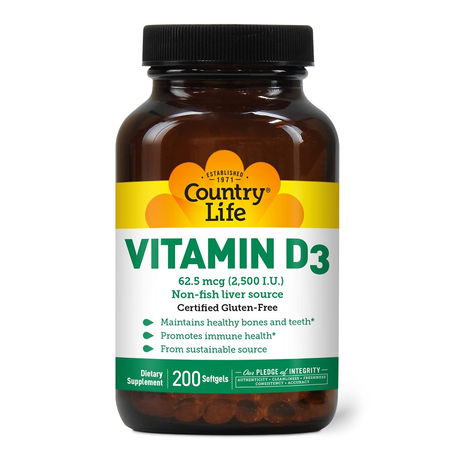 Country Life Vitamin D3 2500 IU - 200 Softgels - Promotes Immune Health - Maintains Healthy Bones an