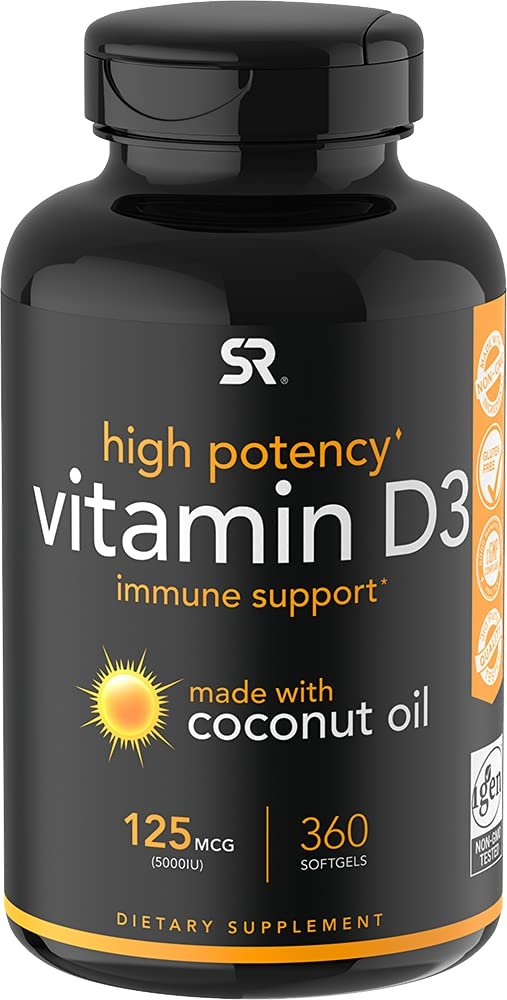 Vitamin D3 5000iu (125mcg) with Coconut Oil ~ High Potency Vitamin D for Immune & Bone Support ~ Non