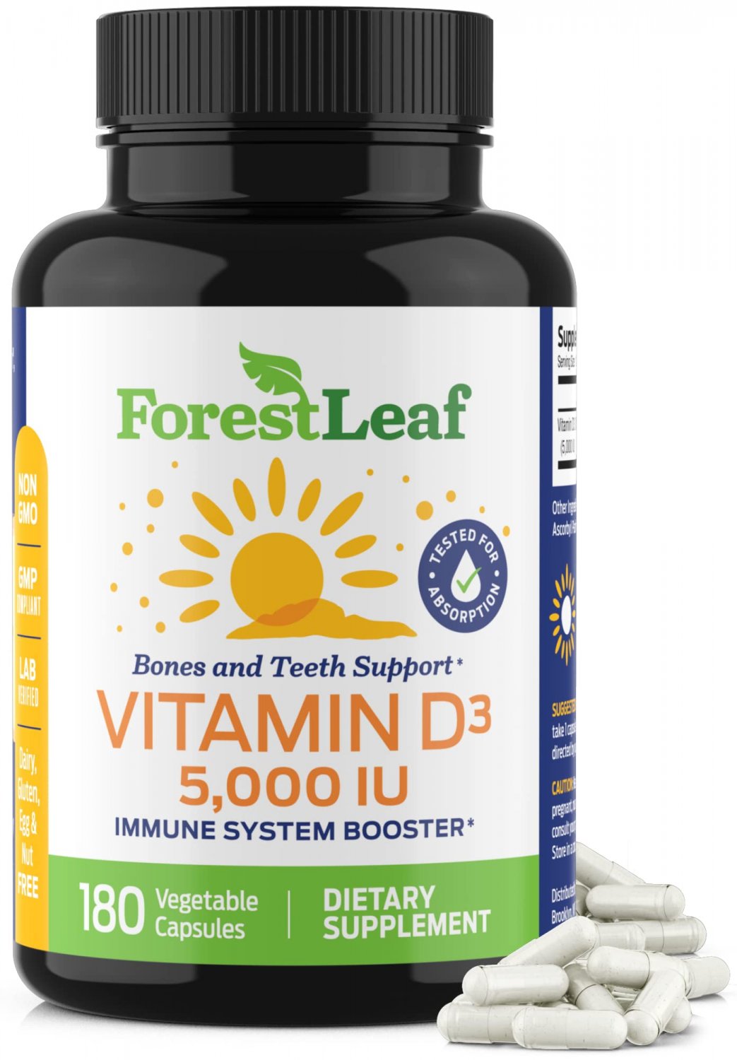 Vitamin d3 5,000 IU Daily Supplement - 180 Vitamin D-3 Capsules for Bones, Teeth, and Immune Support
