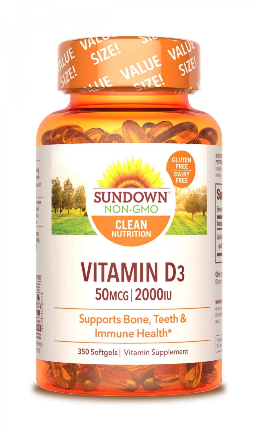 Sundown Vitamin D3 for Immune Support, Non-GMO, Dairy-Free, Gluten-Free, No Artificial Flavors, 50mc