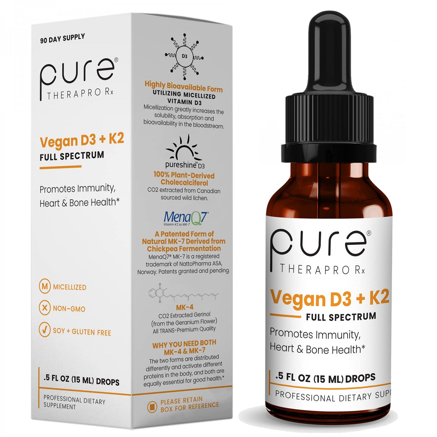 Vegan D3 + K2 Organic Full Spectrum Liquid for Maximum Absorption | 5 Drops = 5,000 IU Micellized Vi