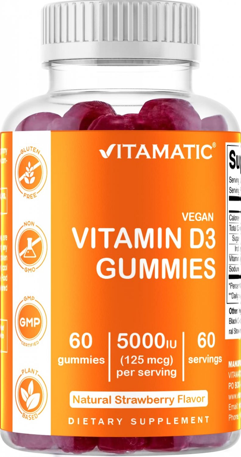 Vitamatic Vitamin D3 Gummies - 5000 IU Per Gummy - 60 Vegan Gummies - Great Taste - Healthy Bones, T