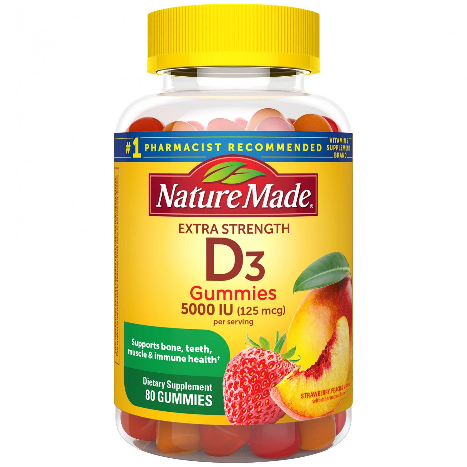 Nature Made Extra Strength Vitamin D3 5000 IU (125 mcg), 80 Gummies, High Potency Vitamin D Gummies 