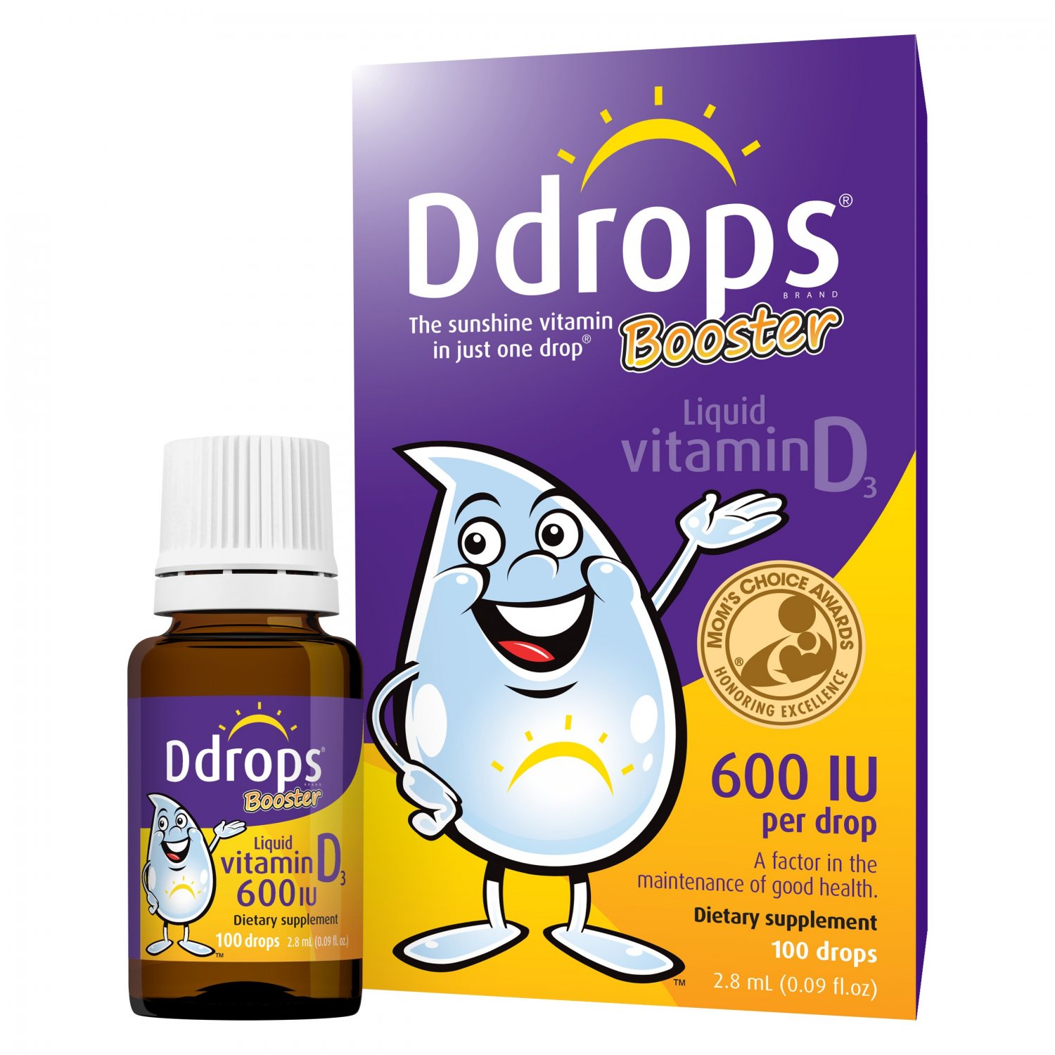 Ddrops Booster 600IU 100 Drops - Kids Vitamin D Liquid Supplement. Support Strong Bones & Immune Sys
